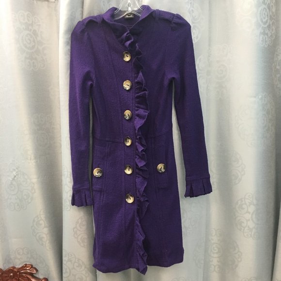 LUII Wool Purple Ruffle Front Jacket Coat Sweater - Picture 8 of 16
